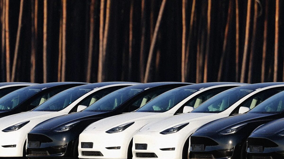 Белые и черные Tesla Model 3 в ряду на парковке