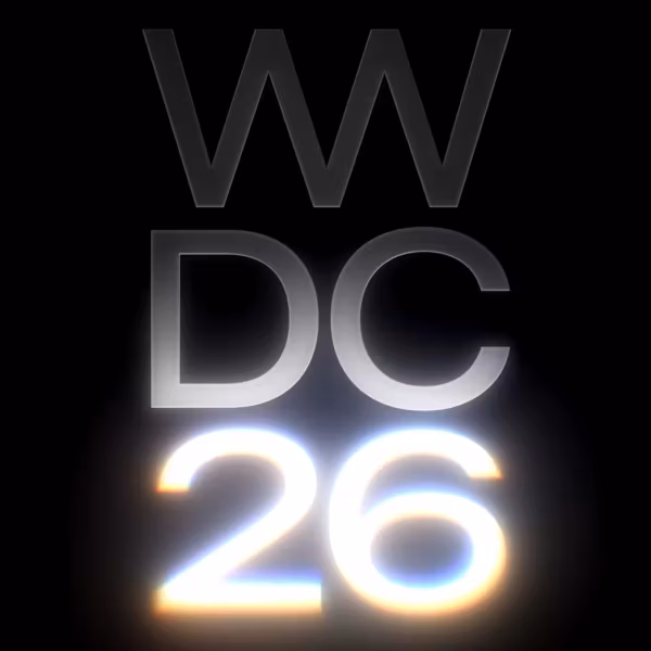 Светящееся объявление WWDC 2026 на фоне в стиле Apple