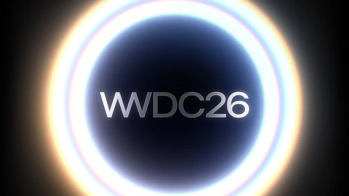 Черный экран с светящимся кольцом вокруг текста WWDC26