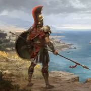 Воин в греческом стиле с щитом и копьём на скале