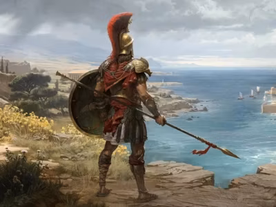 Воин в греческом стиле с щитом и копьём на скале