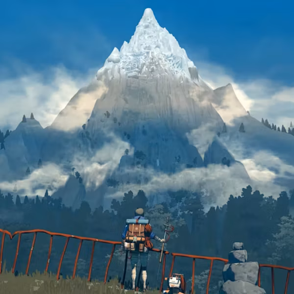 Скалистые горы и путешественник с рюкзаком в лесу с DLC Deep Water