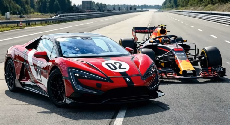 Два гоночных автомобиля Формулы 1, один Ferrari и один Red Bull