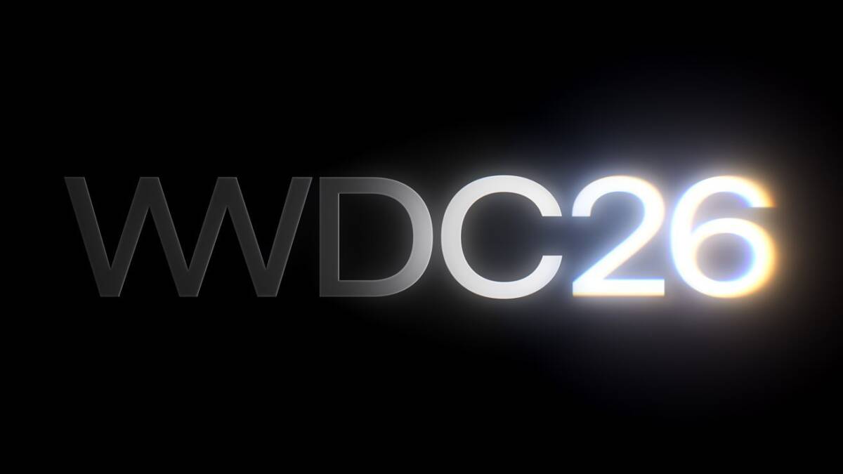 Текст WWDC26 с сияющими эффектами на тёмном фоне