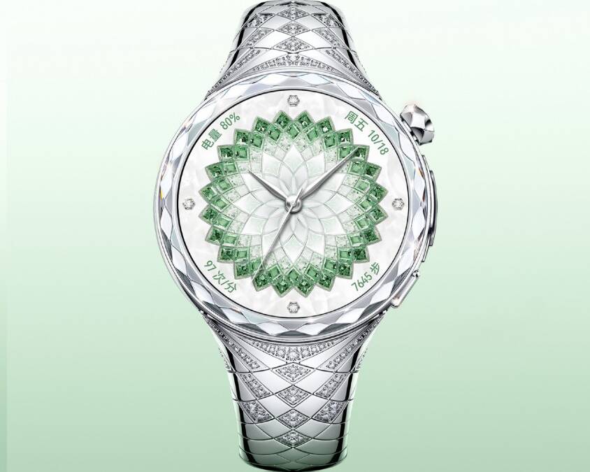 часовые стрелки и зелёные драгоценные камни Huawei Watch Ultimate Design Diamond Edition