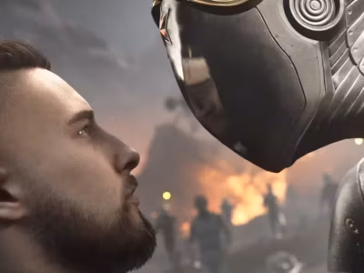 Мужчина и робот лицо в лицо close-up в дыму