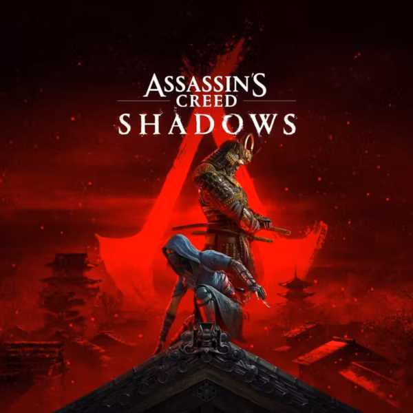 Обложка Assassin’s Creed Shadows с двумя персонажами и красным фоном