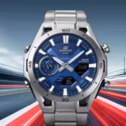 красивые часы Casio Edifice Sospensione ECB2300D-2A на фоне скоростных линий