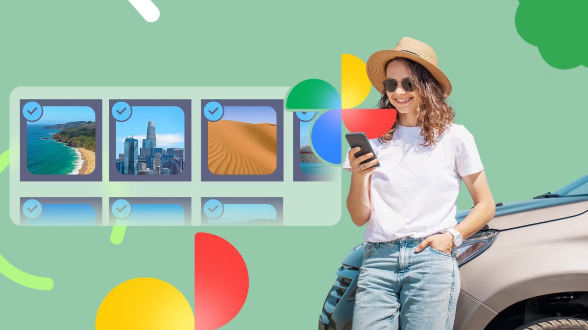 Женщина с солнцезащитными очками и шляпой использует Google Photos,