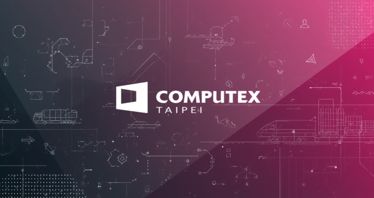 Логотип COMPUTEX ТАЙПЕ и графические схемы в фиолетово-черной гамме