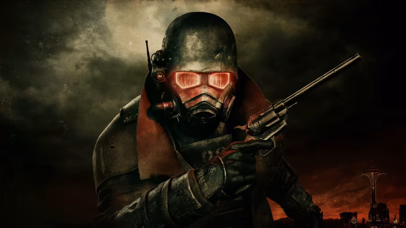 Боевой боец из Fallout New Vegas 2 в шлеме с оружием