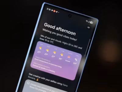 Экран смартфона Samsung с приложением Now Brief и погодой