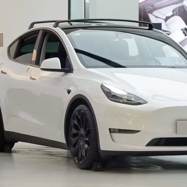 Белый Tesla Model 3 в автосалоне Tesla с логотипом