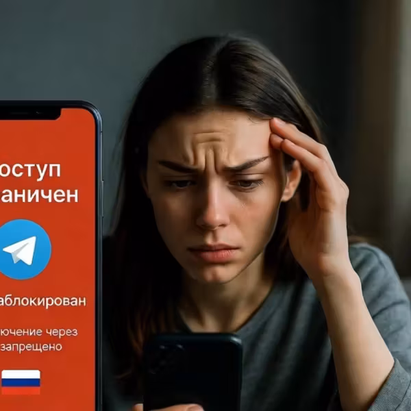 Телефон с сообщением о блокировке VPN и Telegram