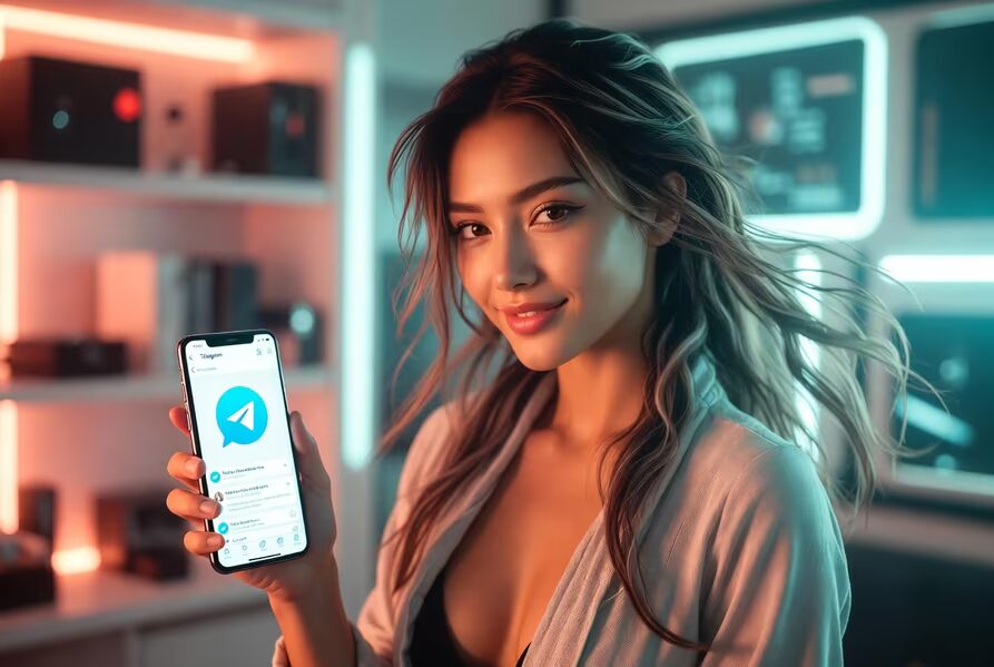 Девушка держит смартфон с приложением Telegram