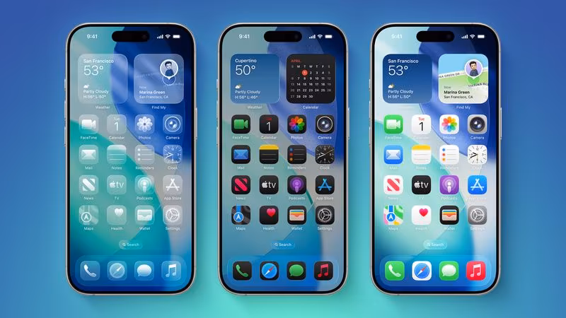 Три iPhone с iOS 27 показывают домашние экраны
