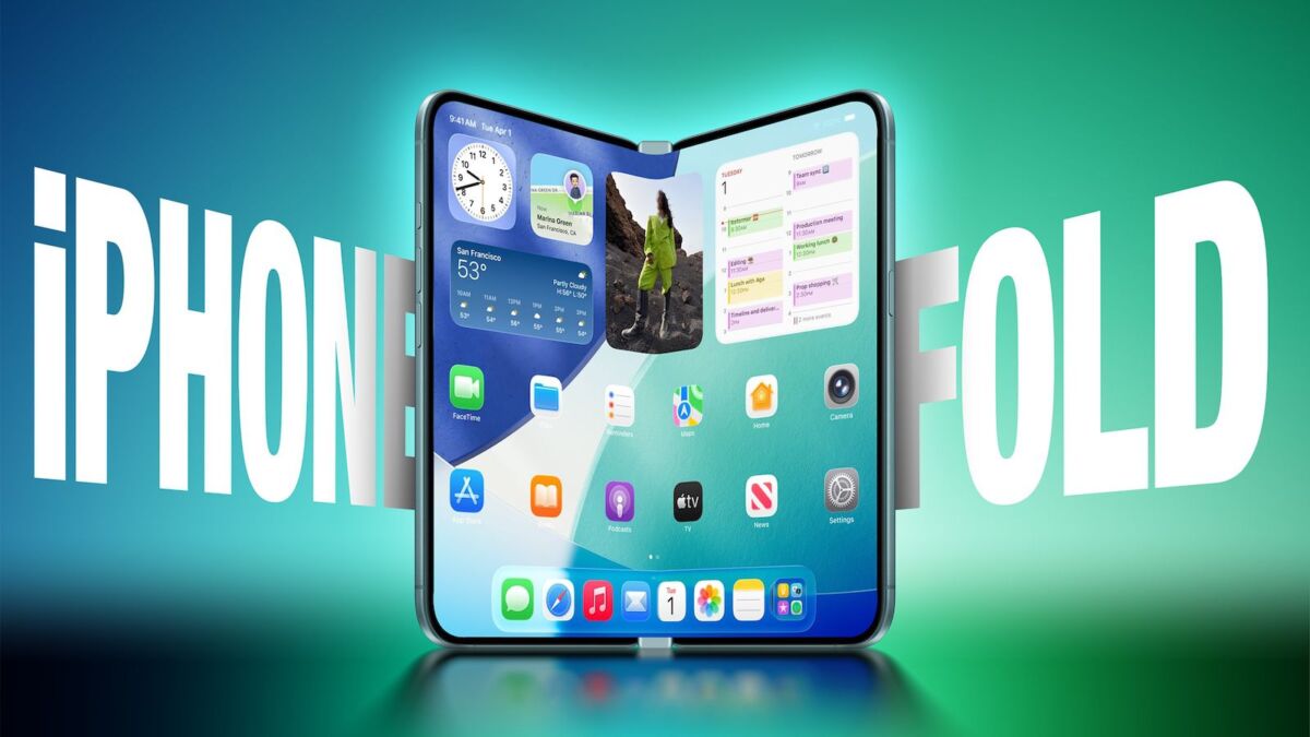 Складной iPhone Fold на фоне текста о задержке выхода