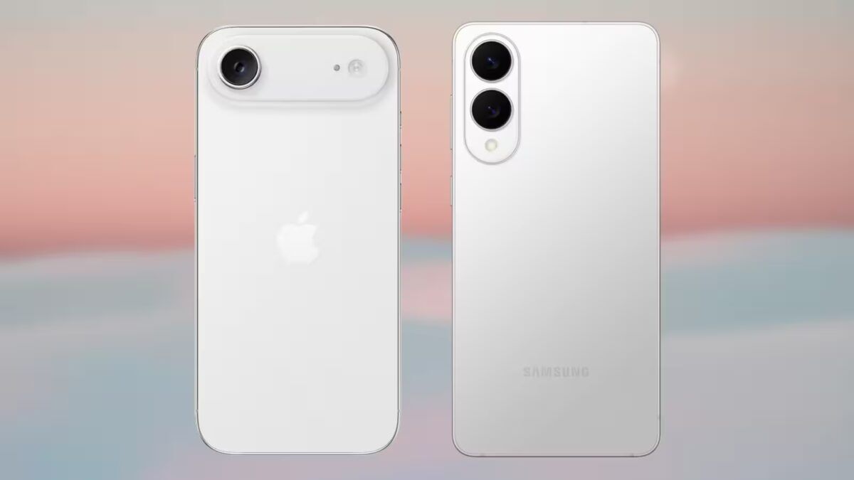 Два смартфона без рамок iPhone Air на фоне рассвета