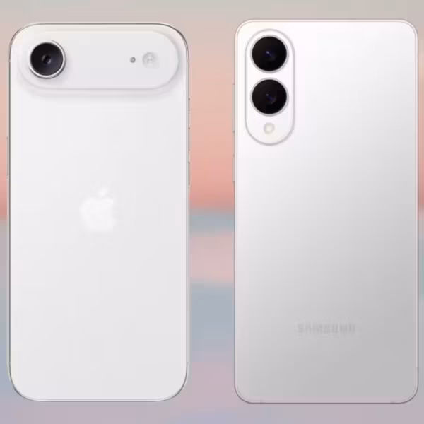 Два смартфона без рамок iPhone Air на фоне рассвета