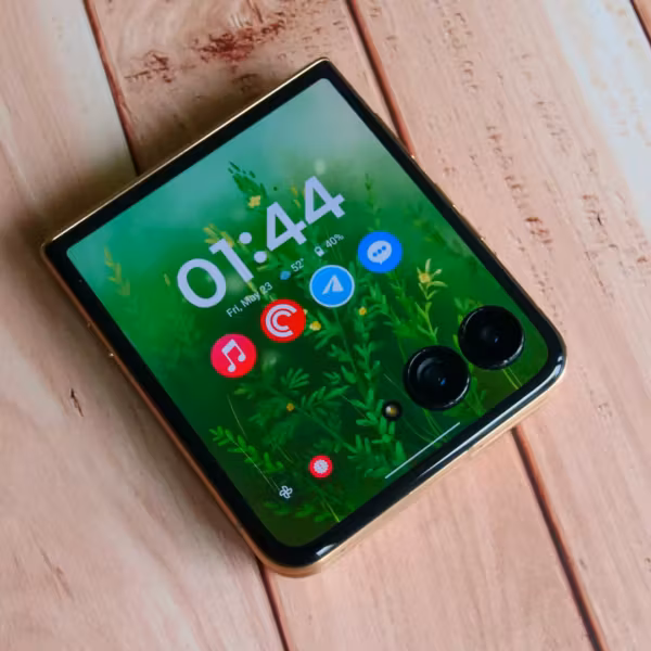 Складной телефон Motorola Razr 2026 на деревянной поверхности