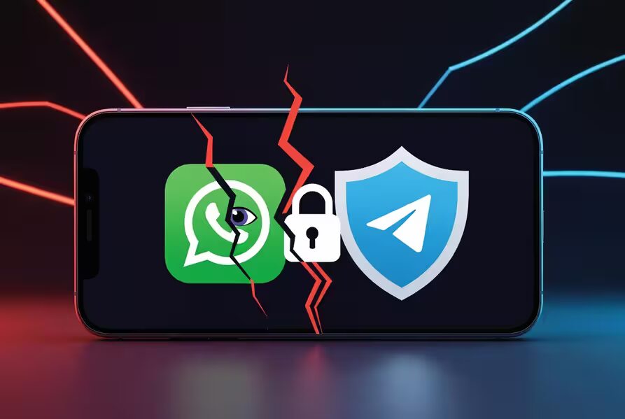 Смартфон с логотипами WhatsApp и Telegram разделённой трещиной