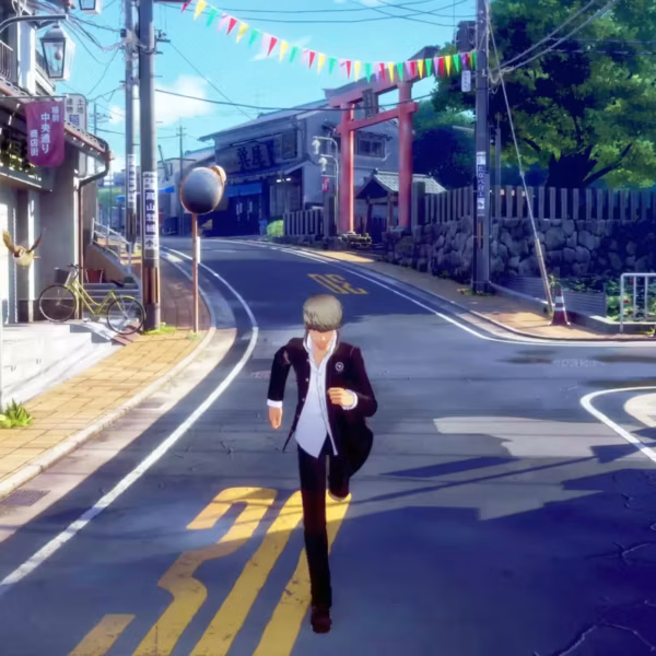 Персонаж из Persona 4 Revival бежит по улице в японской школьной форме