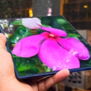 складной смартфон с ярким изображением цветка в руке