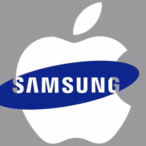 Логотип Apple и Samsung на сером фоне