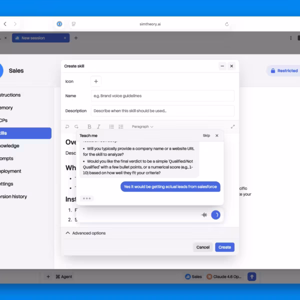Экран браузера с настройками Simtheory AI для продаж Canva