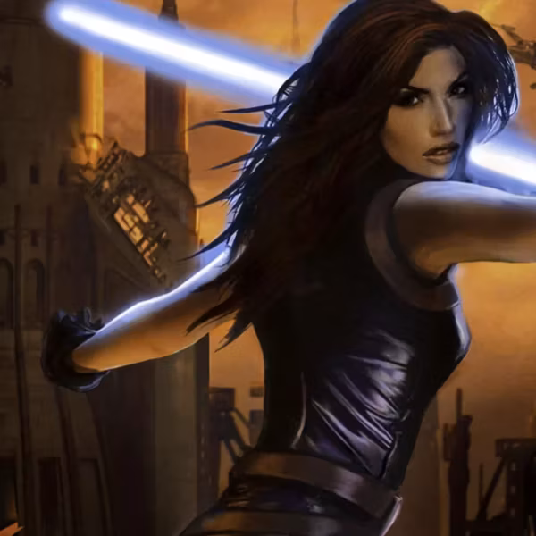 Женщина с мечом в руке на руинах города