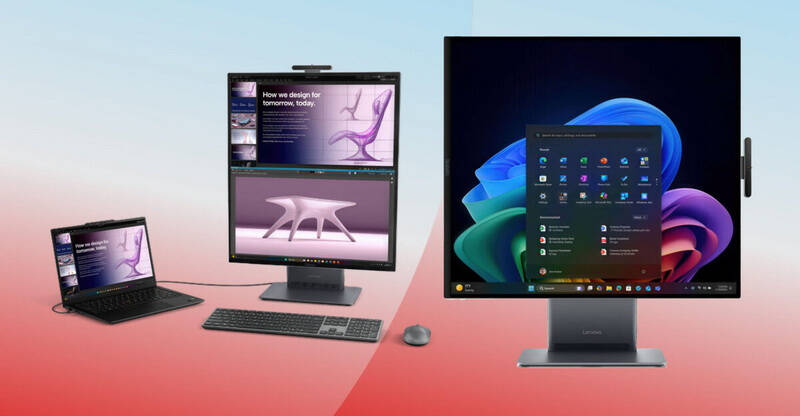 Ноутбук и два дисплея с интерфейсами Lenovo ThinkCentre X AIO Aura Edition