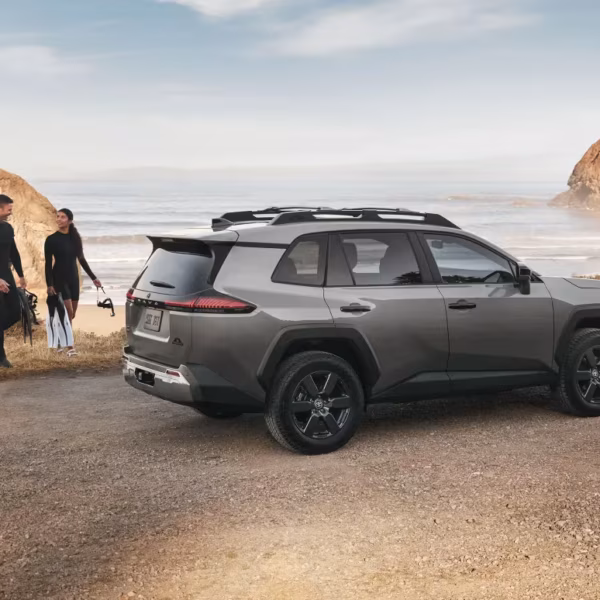 Группа людей возле автомобиля Toyota RAV4 с морским пейзажем