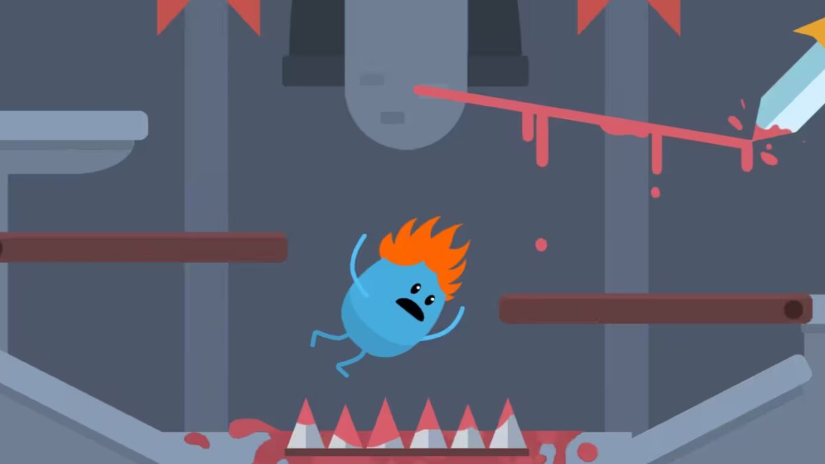 Маленький синий персонаж с оранжевыми волосами и ножом на фоне игры Dumb Ways to Draw
