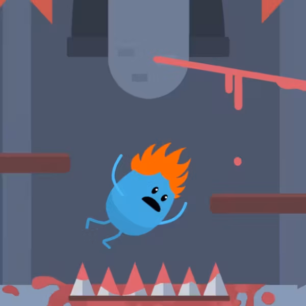 Маленький синий персонаж с оранжевыми волосами и ножом на фоне игры Dumb Ways to Draw