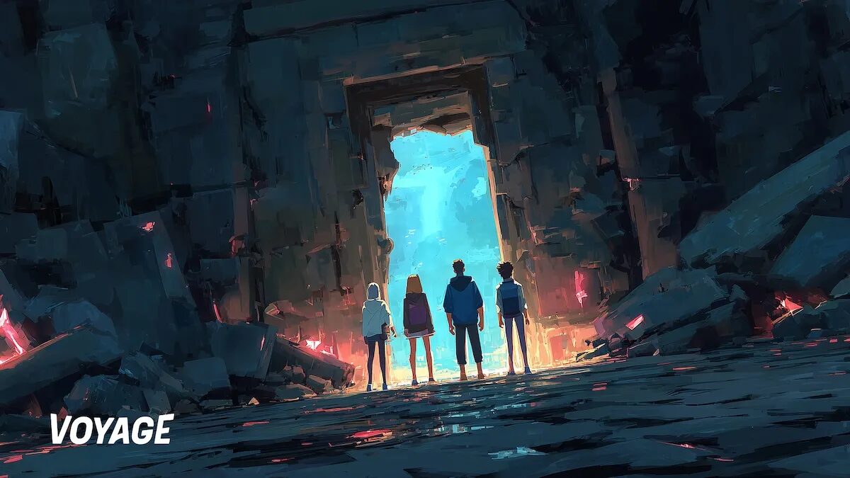 Группа людей у древних разрушенных ворот VOYAGE