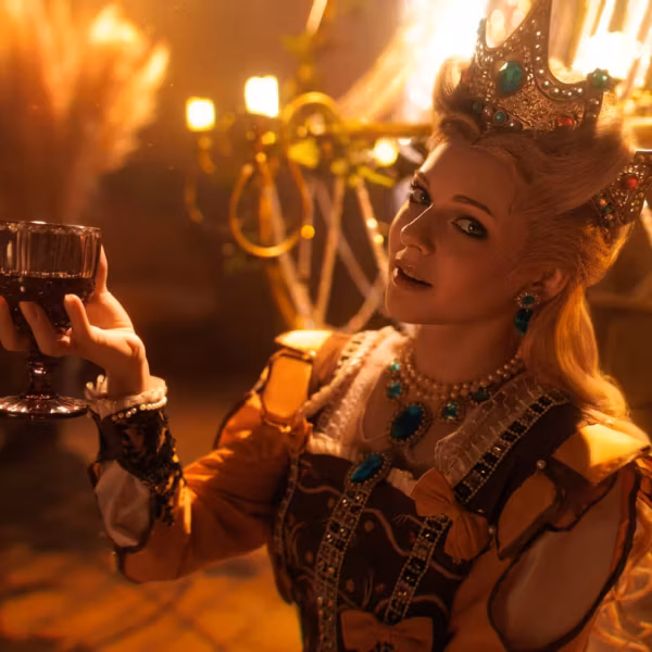 Герцогиня Туссента в реальности с короной и бокалом