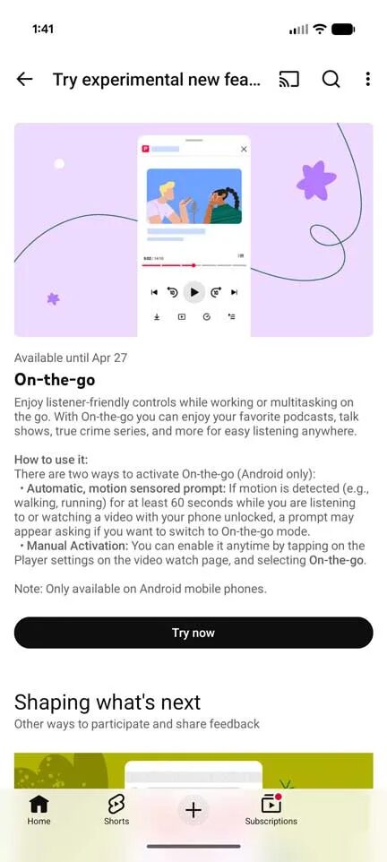 Настроить функцию On-the-go в YouTube на Android устройство
