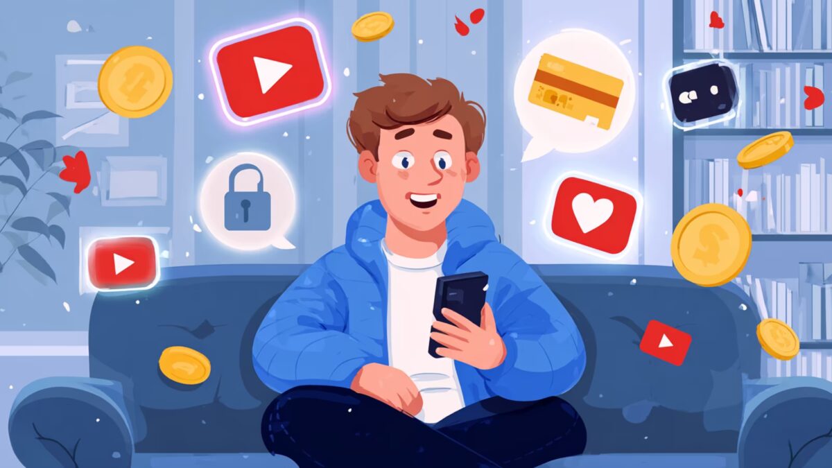 Молодой человек сидит на диване использует телефон с разными иконками по кругу