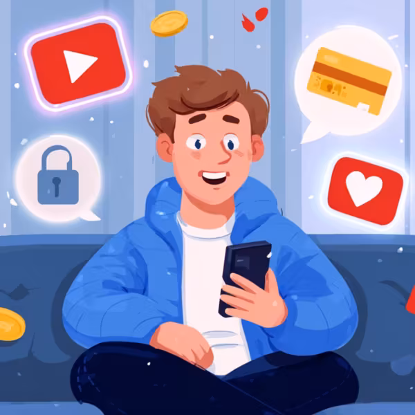 Молодой человек сидит на диване использует телефон с разными иконками по кругу
