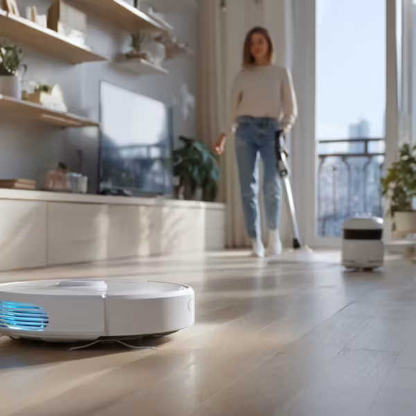 Робот-пылесос Roborock убирает пол в гостиной