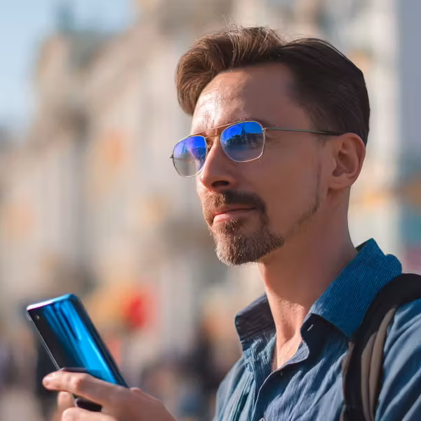 Мужчина в солнечных очках держит смартфон Россияне выбирают смартфоны по батарее а не по ИИ