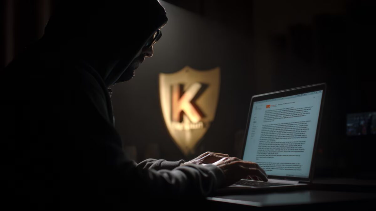 человек в тёмной комнате использует ноутбук с заражённым ПО Kaspersky