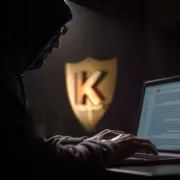 человек в тёмной комнате использует ноутбук с заражённым ПО Kaspersky