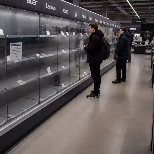 Пустые витрины с ноутбуками и SSD в магазине