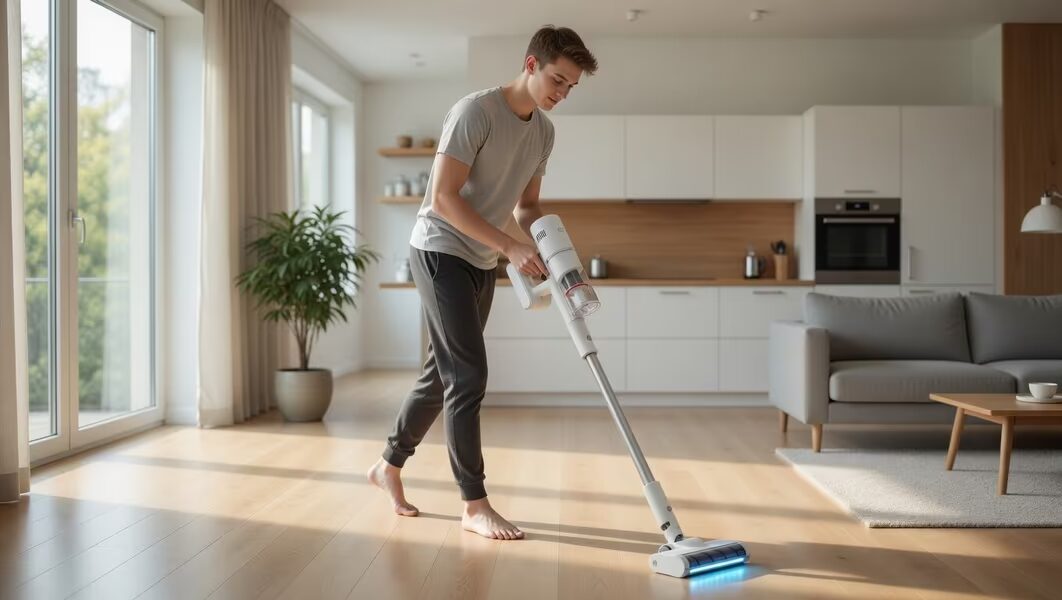 молодой человек с пылесосом Xiaomi Mijia Vacuum Cleaner 4 в гостиной