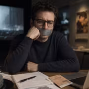 Мужчина сидит за столом рядом с ноутбуком и кинофильмами
