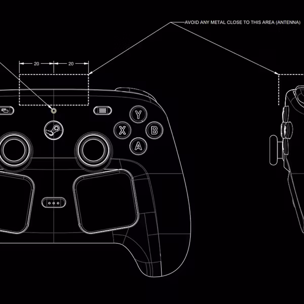 Чертёж CAD Steam Controller с разметкой размеров и предупреждениями