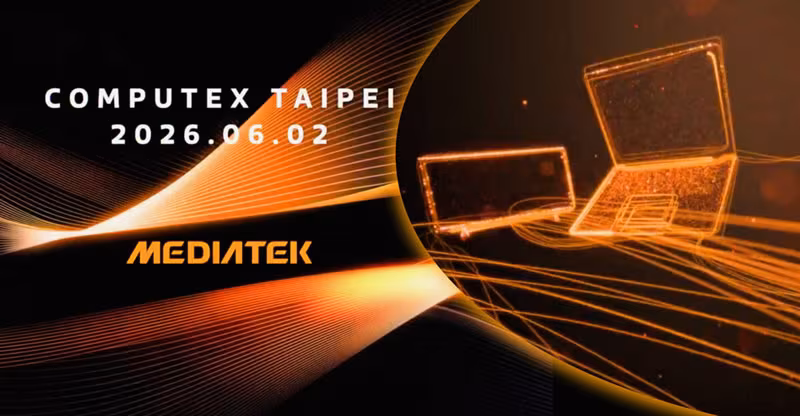 Ноутбук MediaTek в виде компьютерной графики на фоне тёплых линий