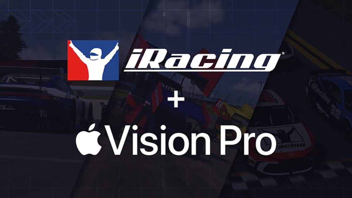 Логотип iRacing и Apple Vision Pro на фоне гонок