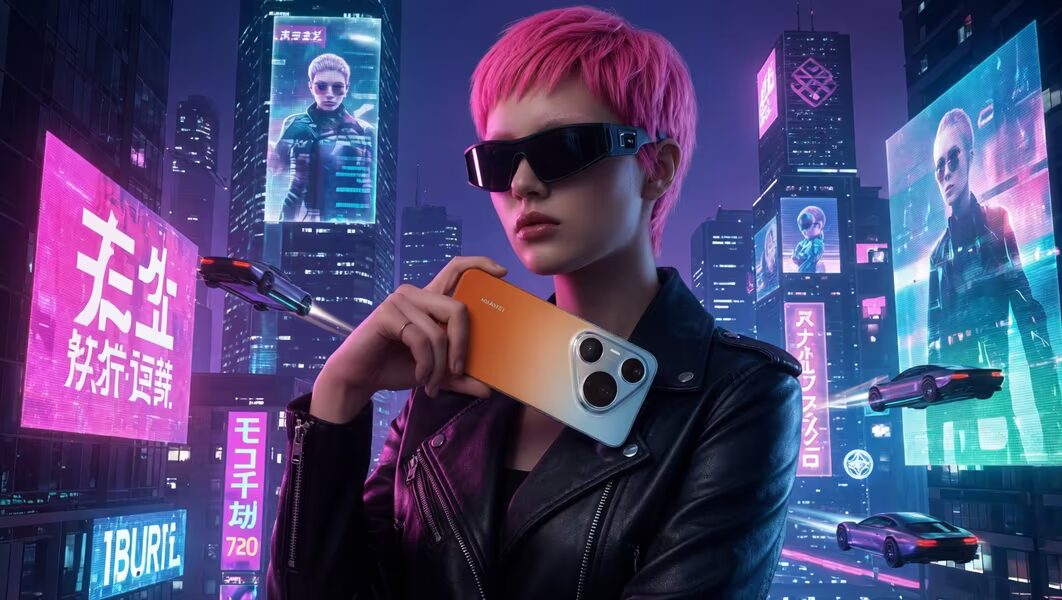 Женщина с розовыми волосами и смартфоном Huawei Pura 90 Pro в неоновом городе